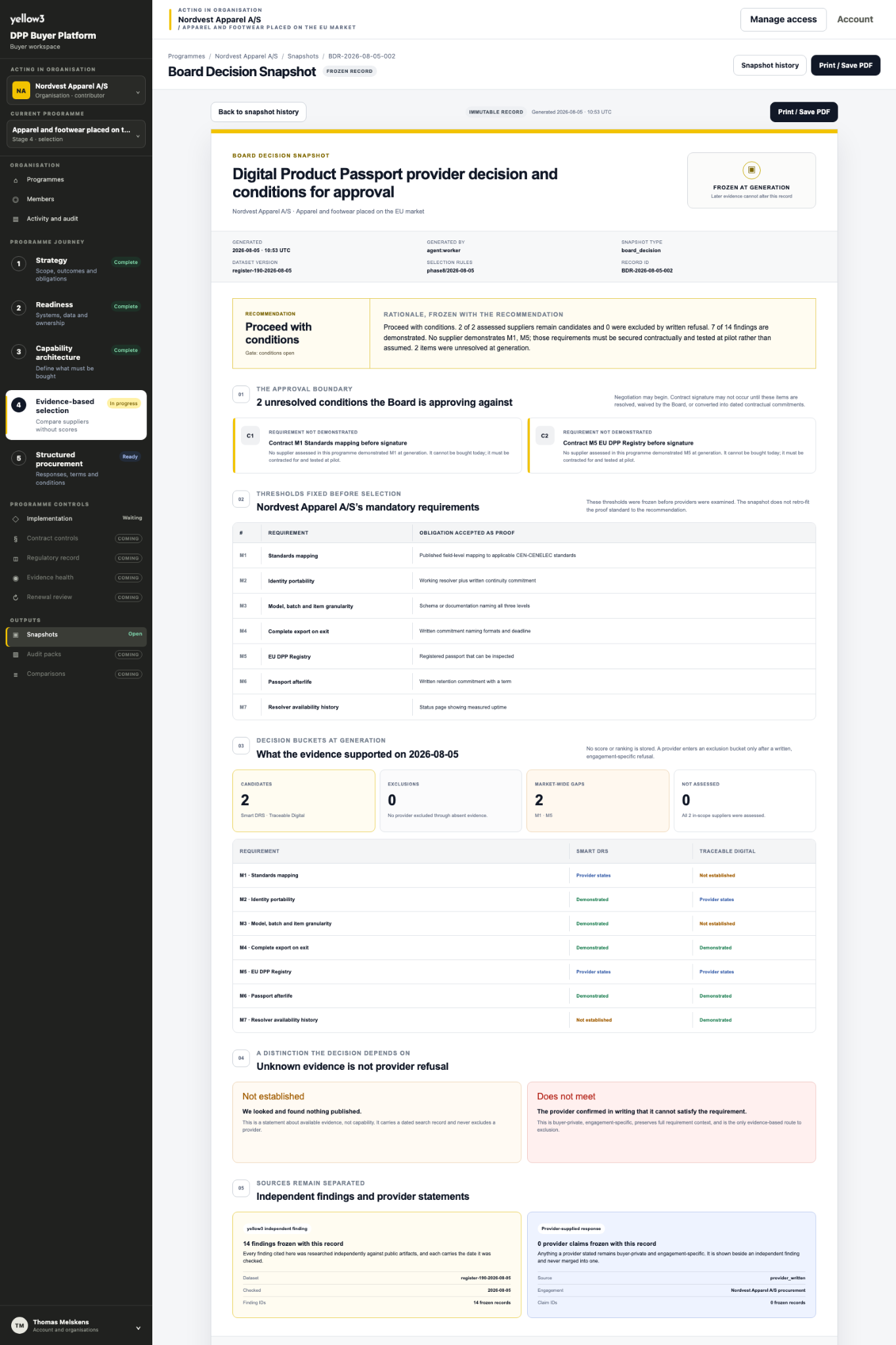 Actual yellow3 Digital Product Passport Buyer Platform Board Decision Snapshot screen